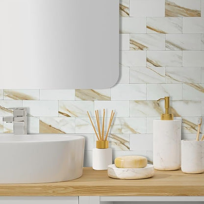 AULIGET 4-Piece Calacatta Gold Marble Look Peel and Stick Backsplash Wall Tiles, 3" x 6" Faxu Stone PVC Stick on Tile for Backsplash Kitchen, Bathroom, Laundry Room, Camper, Fireplace