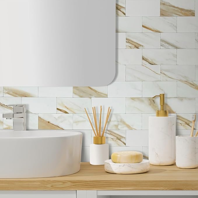 AULIGET 100-Piece Calacatta Gold Marble Look Peel and Stick Backsplash Wall Tiles, 3" x 6" Faxu Stone PVC Stick on Tile for Backsplash Kitchen, Bathroom, Laundry Room, Camper, Fireplace