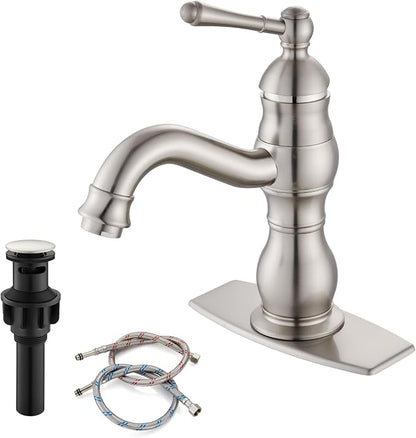 gotonovo Bathroom Faucet 1 Hole Vintage,Brushed Nickel,5.9” Spout Reach | Bathroom Sink Faucet for 1 or 3 Hole Single Handle,Deck Plate,360° Swivel Spout,Pop Up Drain,cUPC Supply Hoses,for Vanity RV