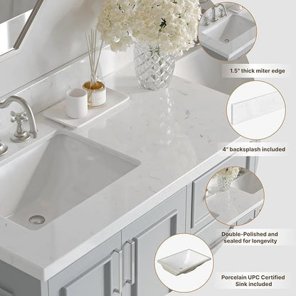 ARIEL 60 inch Double Bathroom Vanity top with Sink, 1.5 Inch Thick Miter Edge Carrara White Quartz top, Rectangle Double Sink Vanity top, Includes Backsplash