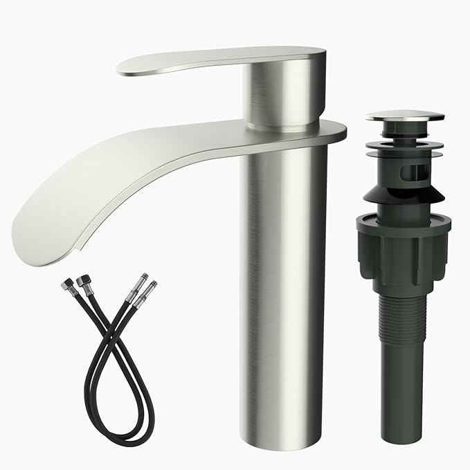 Vessel Sink Faucet,1 Hole Single Handle Tall Bathroom Vanity Faucets,Faucet for Bathroom Sink Modern Utility with Metal Pop Up Drain,Rv Lavatory Faucet Basin Mix Tap Solid Brass,Brushed Nickel