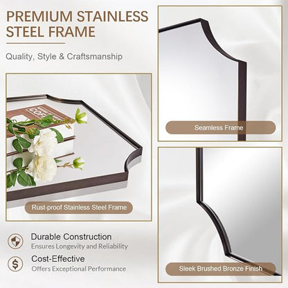30x40 Inch Bathroom Mirror, Brushed Bronze Rectangle Scalloped Mirror, Antique Bronze Mirror with Premium Stainless Steel Metal Frame, Large Wall-Mounted Mirror (Horizontal/Vertical)