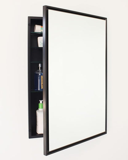 Fox Hollow Furnishings 20x30 Parker Metro Metal Framed Rectangle Recessed Bathroom Medicine Cabinet, Floating Mirror, 14x24 in-Wall Opening, Steel, Adjustable Glass Shelves, Magnet Close, Black