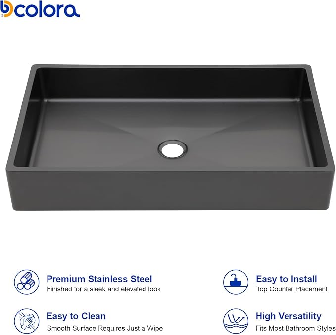 Dcolora 24 In. Black Drop In Bathroom Vessel Sink, 16 Gauge Stainless Steel, Rectangle Design with Drain Assembly, 14"D x 24"W x 4"H #DC-VS261205