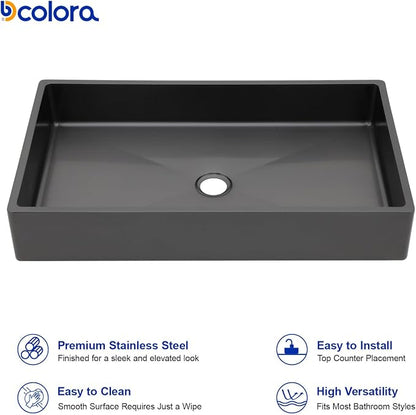 Dcolora 24 In. Black Drop In Bathroom Vessel Sink, 16 Gauge Stainless Steel, Rectangle Design with Drain Assembly, 14"D x 24"W x 4"H #DC-VS261205