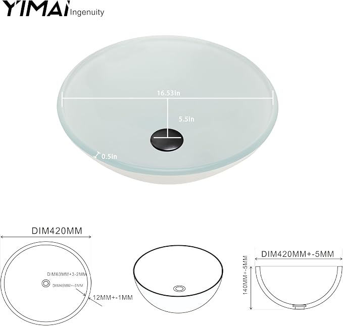 16.5" White Glass Vessel Sink with Faucet and Drain – Modern Round Countertop Bathroom Sink Bowl, Transparent Above Counter Vanity Basin for Small Spaces