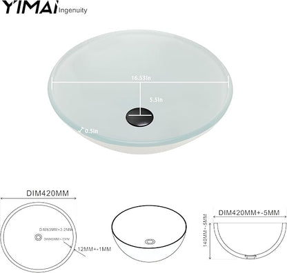 16.5" White Glass Vessel Sink with Faucet and Drain – Modern Round Countertop Bathroom Sink Bowl, Transparent Above Counter Vanity Basin for Small Spaces