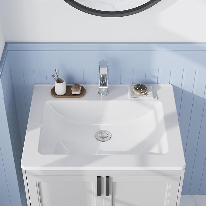 Bathroom Vessel Sink Semi-Recessed Square Ceramic Basin 21.26×17.72×6.65 inch, Single Faucet Hole Countertop Sink for Modern Bathroom Vanity, Guest Washroom and Apartment Renovation