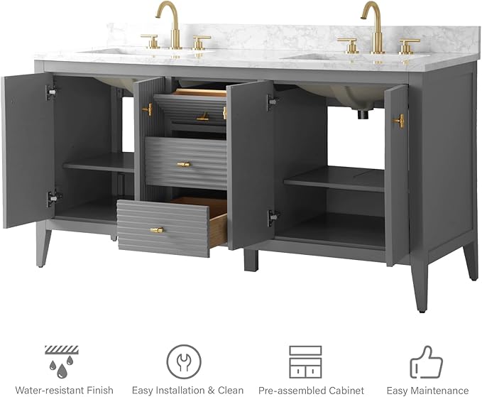 HOMEBEYOND 60" Bathroom Vanity with Double Sink, Solid Wood Bathroom Vanity Free-Standing Cabinet, Ceramic Top & Soft Closing Door, Golden Brushed Handware, Cashmere Gray