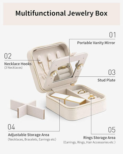 VLANDO Travel Jewelry Case with Mirror, Storage 3 Pairs of Stud Earrings | Necklace Hook for Anti-tangle, Removable Dividers, Waterproof PU Leather,Portable Storage for Rings, Necklace Gifts for Women