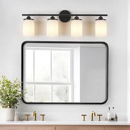 Jonsi Black Bathroom Light Fixtures 4-Light Vanity Lights Modern Wall Sconce with Milk White Shade Brushed Brass Bathroom Light Fixture Over Mirror for Bedroom Hallway Kitchen