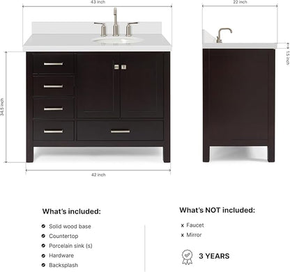 ARIEL Cambridge 42-inch Bathroom Vanity with Sink,Solid Wood, 1.5-inch Pure White Quartz Countertop & Backsplash, Single Oval Porcelain Sink, 2 Soft Closing Doors, 5 Dovetail Drawers, Espresso