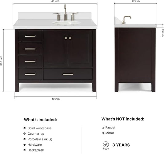 ARIEL Cambridge 42-inch Bathroom Vanity with Sink,Solid Wood, 1.5-inch Pure White Quartz Countertop & Backsplash, Single Oval Porcelain Sink, 2 Soft Closing Doors, 5 Dovetail Drawers, Espresso