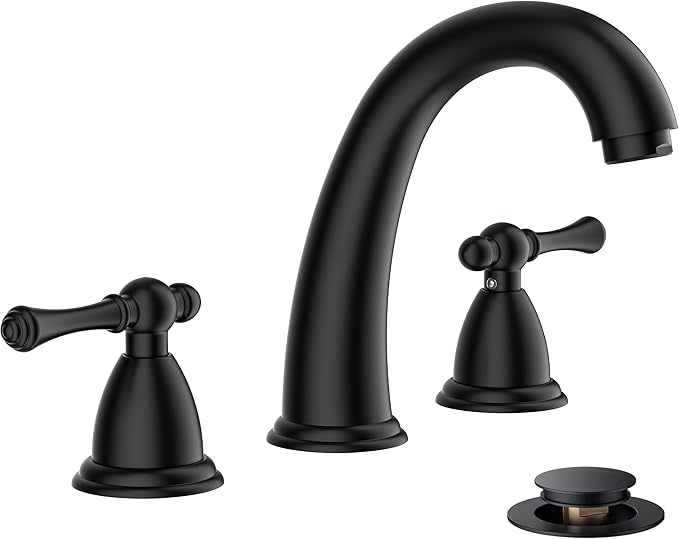 FORIOUS Black Bathroom Sink Faucet 8 Inch, Widespread Bathroom Faucet 3 Hole with Pop Up Drain and Water Hose Supply, 2 Lever Handle Design,for Vanity RV Farmhouse Sink