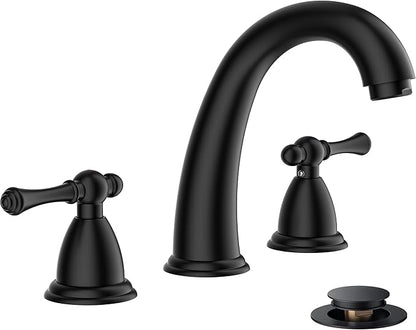 FORIOUS Black Bathroom Sink Faucet 8 Inch, Widespread Bathroom Faucet 3 Hole with Pop Up Drain and Water Hose Supply, 2 Lever Handle Design,for Vanity RV Farmhouse Sink