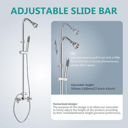 Aolemi Outdoor Shower Kit with Handheld,Round Rain Shower,Polish Chrome | 2-Handle Hot and Cold Control, Adjustable Height, 6-Inch Center Valve, 59-Inch Hose, Winter Drainage Outdoor Shower Fixtures