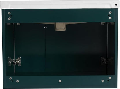 Malwee 28" Floating Bathroom Vanity with Sink, 28 Inch Single Sink Wall Mounted Bathroom Vanity, with 2 Doors and White Ceramic Basin Top, Green Cabinet Set with 3 Color Handles (081-28)