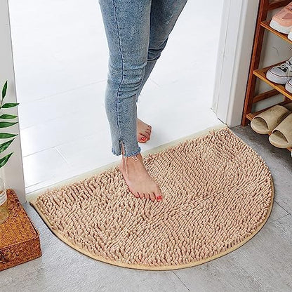 Half Round Bath Mat Beige Bathroom Rugs Semicircle Chenille Bath Rugs Water Absorbent Floor Mats for Kids Washable Bathroom Shower Mat Area Rugs (19.2" x 31.1")
