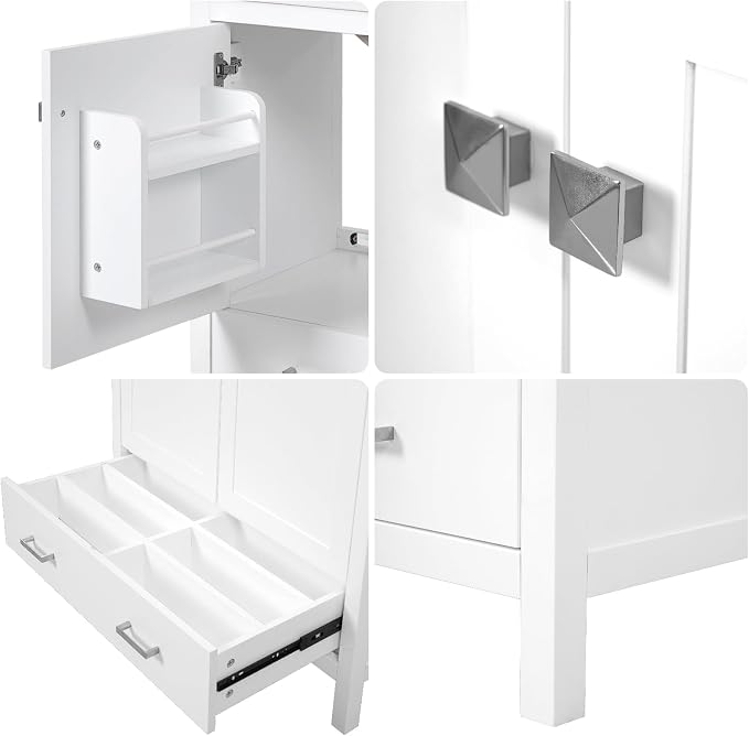 36" Freestanding Bathroom Vanity with Sink, Floor Stand Bathroom Storage Cabinet with Ceramic Sink, Doors with Double-Layered Storage Shelves, Modern Compact Vanity with Divided Drawer, White