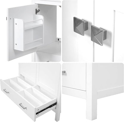 36" Freestanding Bathroom Vanity with Sink, Floor Stand Bathroom Storage Cabinet with Ceramic Sink, Doors with Double-Layered Storage Shelves, Modern Compact Vanity with Divided Drawer, White