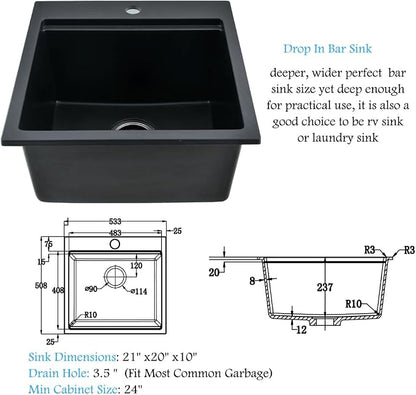 21 Inch Black Drop In Bar Sink Quartz Workstation | 21x20 Drop In Kitchen Sink Matte Black Quartz Composite Small Outdoor Rv Single Bowl Wet Bar Sinks with Cutting Board
