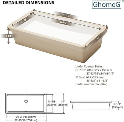 Undermount Bathroom Sink Rectangle 28x14 Inch White Rectangular Porcelain Ceramic Vessel Sink with Overflow Under Counter Lavatory Vanity