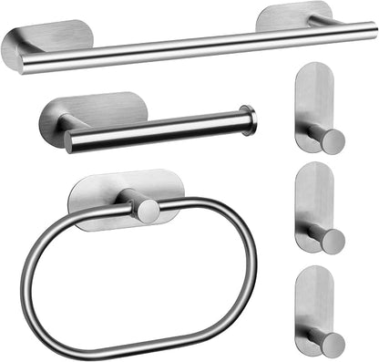 JiGiU Self Adhesive Towel Bar, Wall Mount No Drill Bathroom Hardware Set | Include 16-Inch Bath Towel Bar,Toilet Paper Holder Towel Ring & 3-Pack Towel Hooks Stainless Steel Sticky on Towel Holder Kit