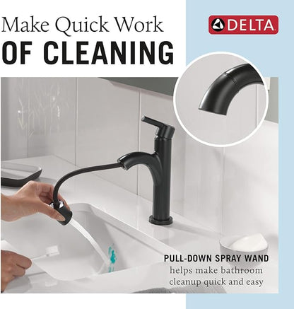 Delta Nicoli 1 Hole Matte Black Bathroom Faucet with Sprayer, Single Hole Bathroom Sink Faucet with Pull Out Sprayer for Vanity, Push-Pop Drain, Matte Black 15749LF-BLPD