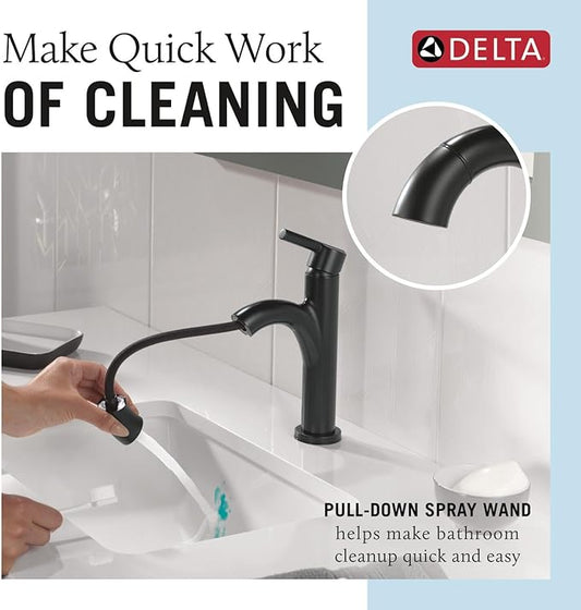 Delta Nicoli 1 Hole Matte Black Bathroom Faucet with Sprayer, Single Hole Bathroom Sink Faucet with Pull Out Sprayer for Vanity, Push-Pop Drain, Matte Black 15749LF-BLPD