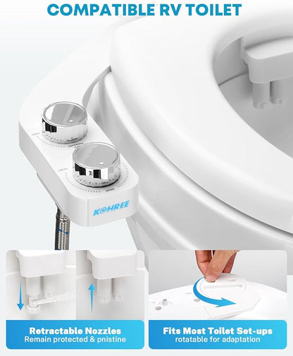 Kohree RV Bidet for Camper RV Toilet, Non Electric Bidet Attachment | for RV Toilet Seat with Water Pressure Controls, Retractable Self-Cleaning Dual Nozzles & Modes for Rear and Feminine Wash