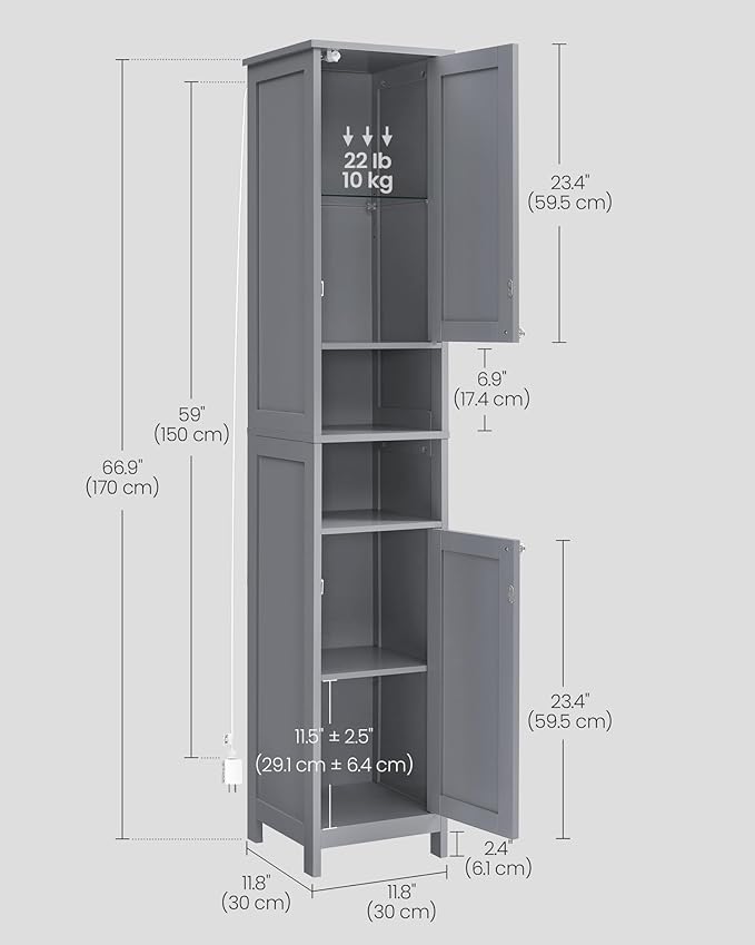 VASAGLE Tall Storage Cabinet with Lights, Slim Freestanding Cabinet with Adjustable Shelves, for Small Spaces, Bathroom, Living Room, Modern, 11.8 Inches Wide, Dove Gray UBBC566G02