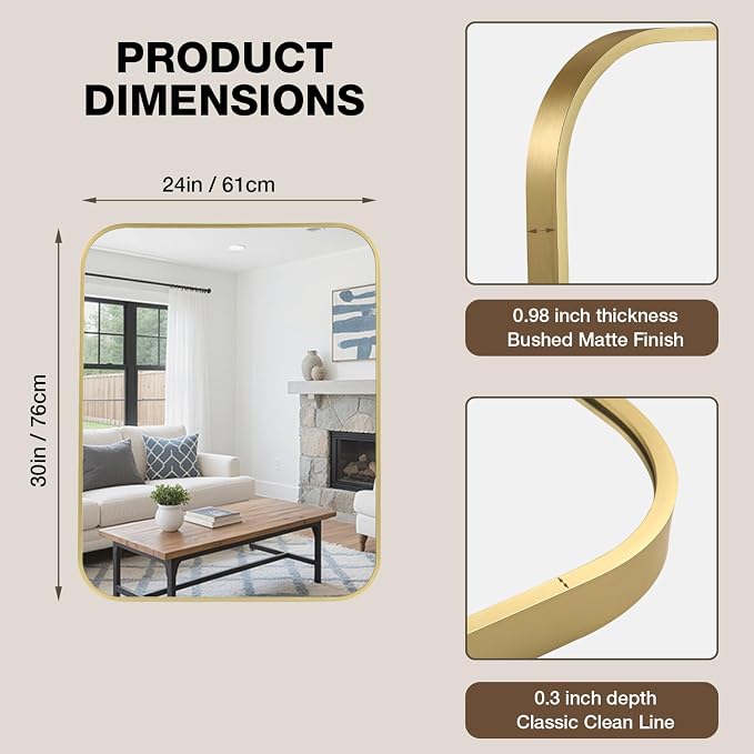 24"x30" Bruhed Gold Rectangle Vanity Bathroom Mirror, Set of 2 | Aluminum Alloy Frame, Clear Reflection, Rust-Resistant, Vertical or Horizontal, Wall Mount, Bedroom and Entryway