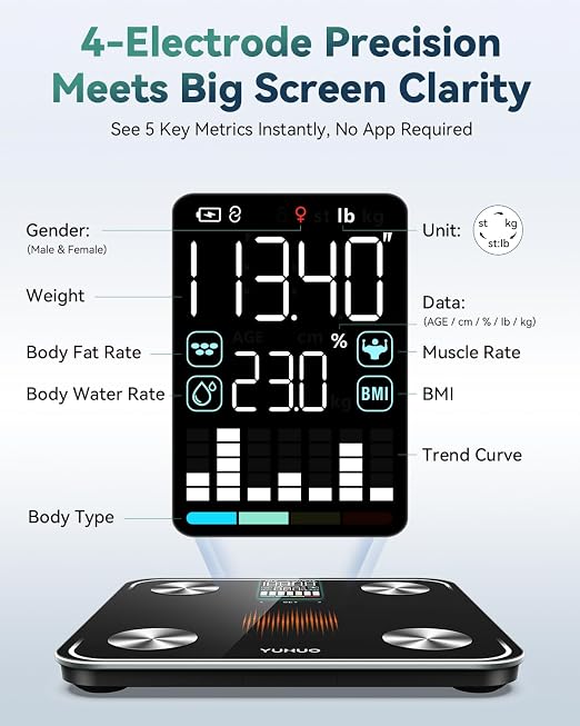 YUHUO Smart Scale for Body Weight and Body Fat, No-Phone Daily Check-Ins with Large LED Display, 4-Electrode Body Composition Scale, BMI Muscle Mass Body Water, 18 Metrics Sync App, 400lb