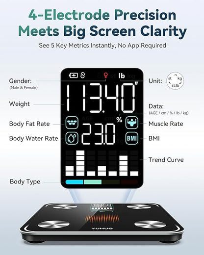 YUHUO Smart Scale for Body Weight and Body Fat, No-Phone Daily Check-Ins with Large LED Display, 4-Electrode Body Composition Scale, BMI Muscle Mass Body Water, 18 Metrics Sync App, 400lb