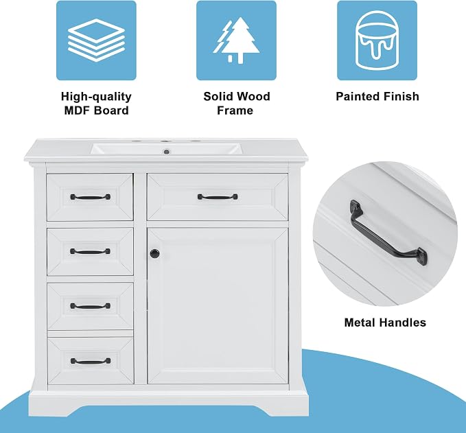 36" Bathroom Vanity with Ceramic Sink,Freestanding Storage Cabinet w/Soft-Close Door and 2 Tip-Out & 2 Drawers,Undermount Single Basin Bath Vanity Set w/Adjustable Shelf,White