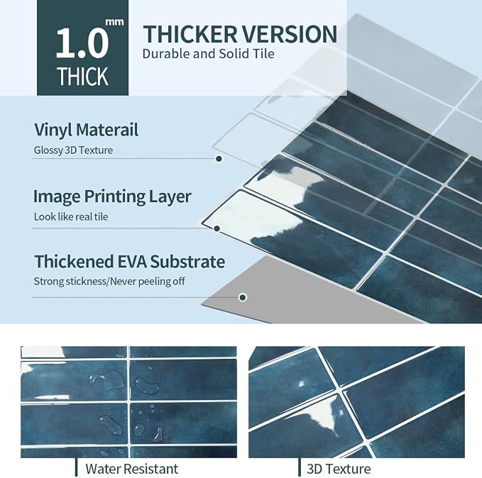 Peel and Stick Backsplash 3D Wall Tiles,Self-Adhesive,Oil Proof,Waterproof, Removable Wall Panels for Kitchen & Bathroom,Modern Design, Easy Install (10.7ft，12x9 inch,14 Pack) (Blue)