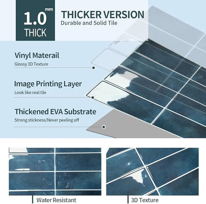 Peel and Stick Backsplash 3D Wall Tiles,Self-Adhesive,Oil Proof,Waterproof, Removable Wall Panels for Kitchen & Bathroom,Modern Design, Easy Install (10.7ft，12x9 inch,14 Pack) (Blue)