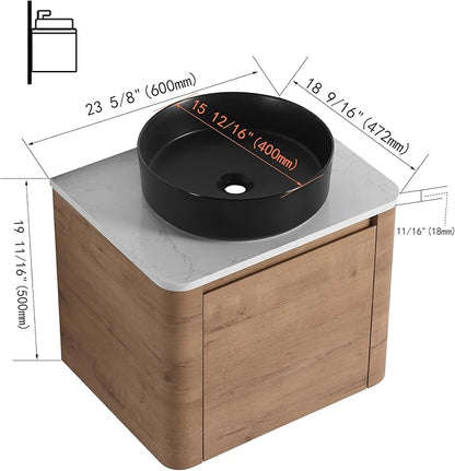 LKTART 24 Inch Floating Bathroom Vanity with Sink, Modern Wall Mounted Bathroom with Soft Close Door, Black Round Ceramic Basin and Sintered Stone Top