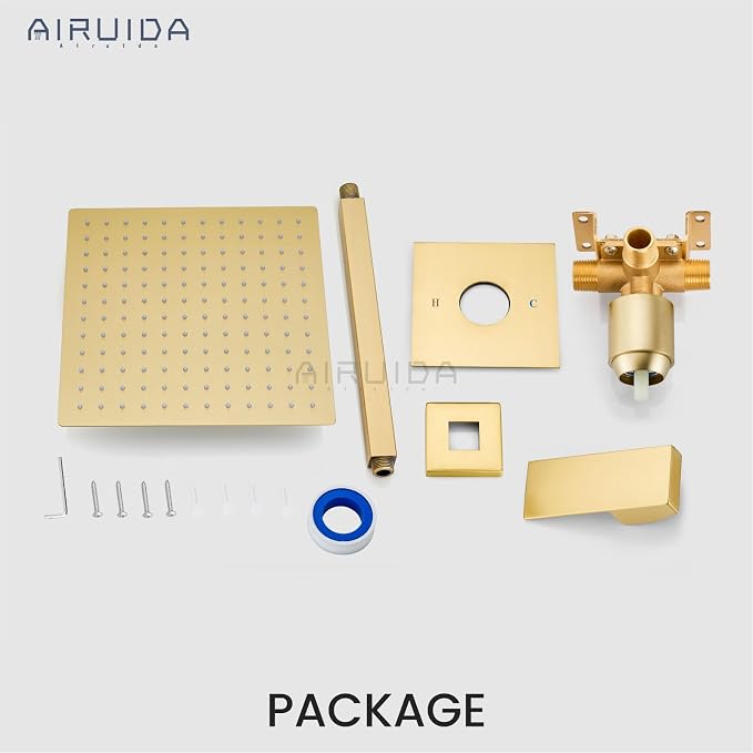 Airuida 10 Inch Brushed Gold Shower Faucet Set,Rainfall Shower System | Ceiling Shower Head,Male Thread Rough-in Valve,Ceiling Mount,Single Handle