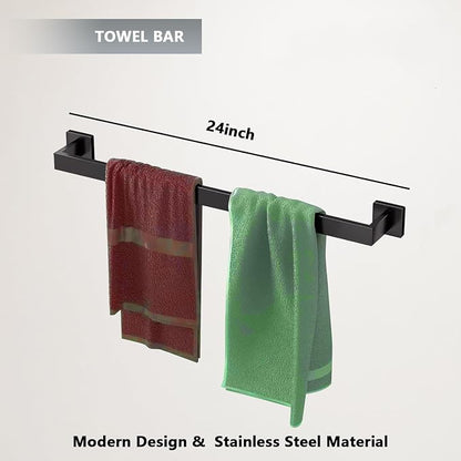 10-PCS 23.6inch Bathroom Towel Bar Set,Include 2pcs 23.6" Towel Holder,2pcs Hand Towel Ring,2pcs Toilet Paper Holder,4pcs Robe Hook-Matte Black