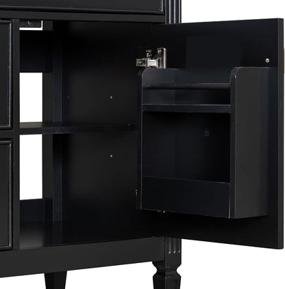 30" Bathroom Vanity with Ceramic Sink, 1 Flip Drawer & 2 Side Drawers, Modern Freestanding Storage Cabinet w/Adjustable Shelf & Golden Metal Handles, Solid Wood Frame, Black