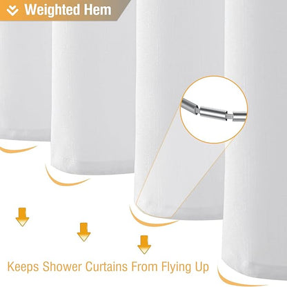 BTTN White Fabric Shower Curtain - Linen Textured Heavy Duty Waterproof Cloth Shower Curtain Set with 12 Plastic Hooks, Hotel Luxury Weighted Polyester Decorative Bath Curtains for Bathroom - 72"x72"