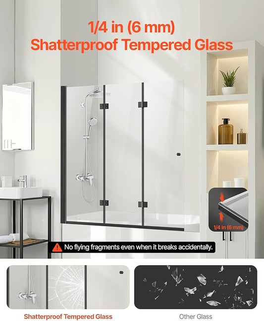 VEVOR Bathtub Shower Door, 51" W x 56" H, Frameless Foldable Hinged Shower Door, Tri-Fold Shower Glass Door with 1/4 in Tempered Glass Door, 180°Rotating and Folding Design, for Bathtub, Black