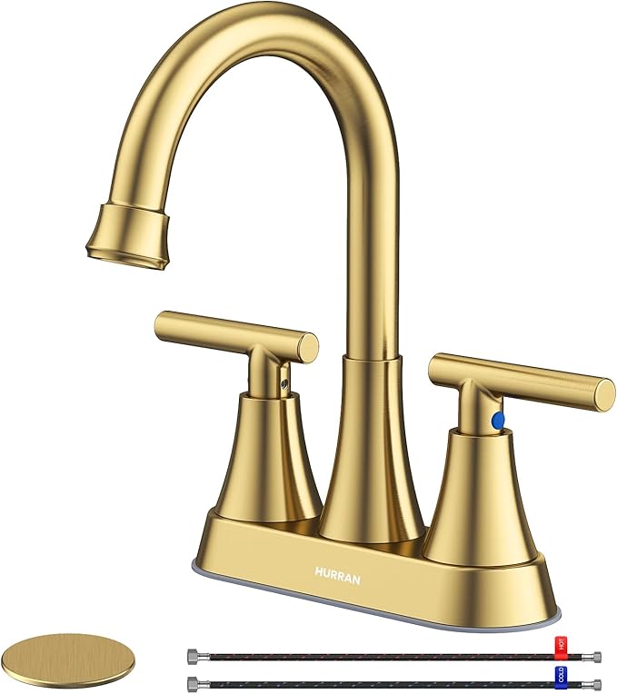 Gold kitchen faucet set with handles and hardware on a white background