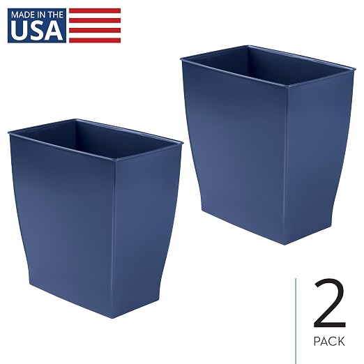 iDesign Small Plastic Bathroom Trash Can, Slim Rectangle Garbage Bin, 2-Pack | Bedroom, Office, Dorm, Navy Blue
