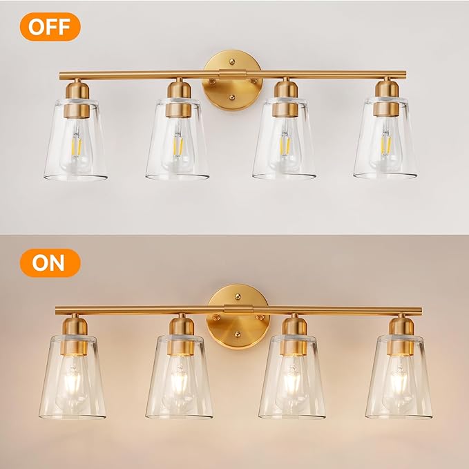TALOYA 27 Inch Brushed Gold Bathroom Light Fixtures with Thickend Clear Tapered Glass Shade, 4-Light Modern Vanity Light Over Mirror for Bathrooms, Bedrooms (Bulbs Not Included)