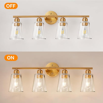 TALOYA 27 Inch Brushed Gold Bathroom Light Fixtures with Thickend Clear Tapered Glass Shade, 4-Light Modern Vanity Light Over Mirror for Bathrooms, Bedrooms (Bulbs Not Included)