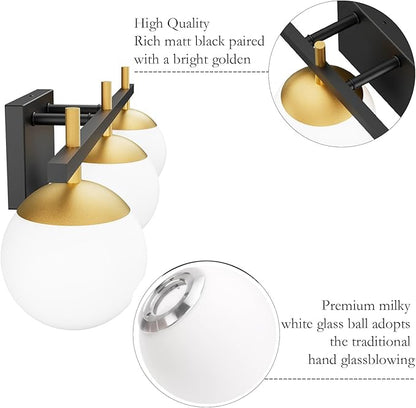Ralbay Mid Century Modern Bathroom Vanity Lights Black and Gold Milky Glass Modern Bathroom Vanity Lights Over Mirror, Black/Golden 3-Light (Exclude Bulb)