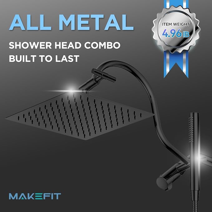 MakeFit All Metal Shower Head Combo with Handheld, 10" Square Rainfall Shower Head with Curved Extension Arm, Adjustable Dual Shower Heads with 71" Extra Long Hose, Matte Black