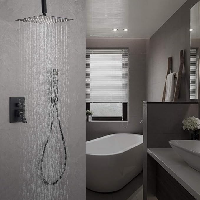 Iriber Matte Black Ceiling Mount Rain Shower System with 12 Inch Shower Head and Handheld Bathroom Square Shower Faucet Set Contain Shower Mixer and Trim Kit (Valve Included)